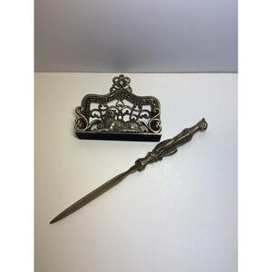 Vintage Brass Leopard Cheetah Letter Opener and Matching Desktop Envelop Holder